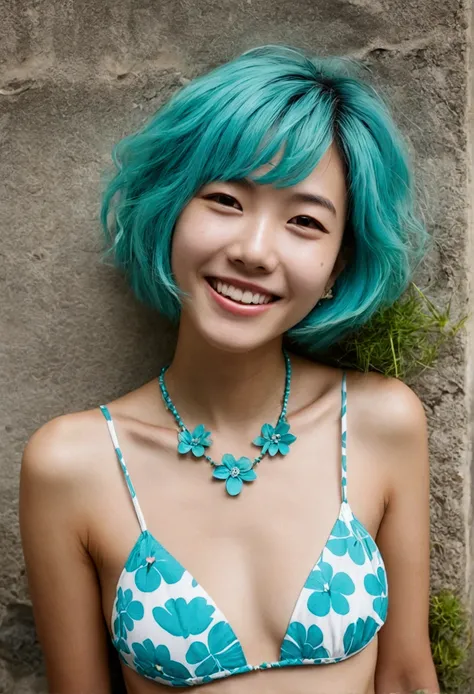 Super Short Hair、turquoise print bikini、Flower Hair Ornaments、necklace、A small space surrounded by walls、There is a little grass growing in the gap between the wall and the ground..、Photograph the front of your face from directly above、Grin、returnを反らせて、tee...