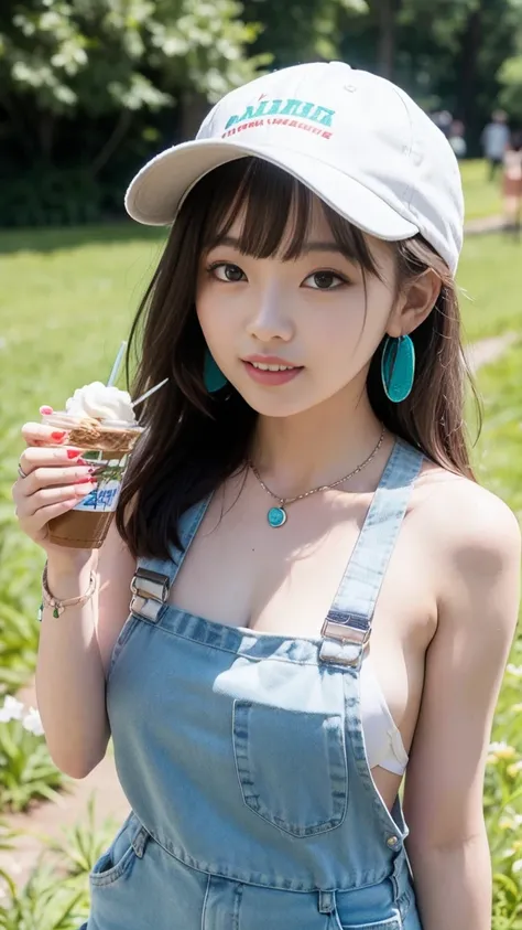 she was wearing pure white denim overalls, revealing the straps of a cute green printed bikini..、turquoise mesh baseball cap、bro...