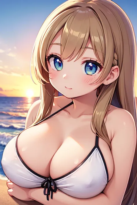 Best quality, high resolution, detailed background, (detailed eyes: 1.2), youthful beauty, (highly detailed face: 1.4), (huge breasts: 1.1), lovely hair color, lovely hairstyle, In sunset, beach background, sexy beach wear, upper half body