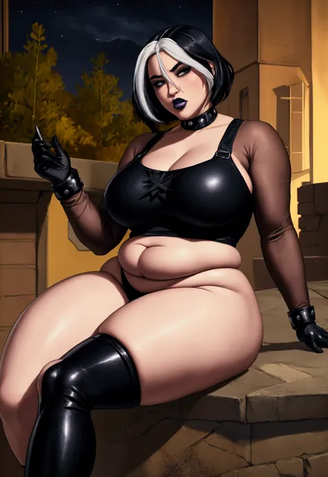 rogue from x men evolution, girl fat, obese body, big belly, sexy, stockings, black hair, short night dress, night laboratory, n...