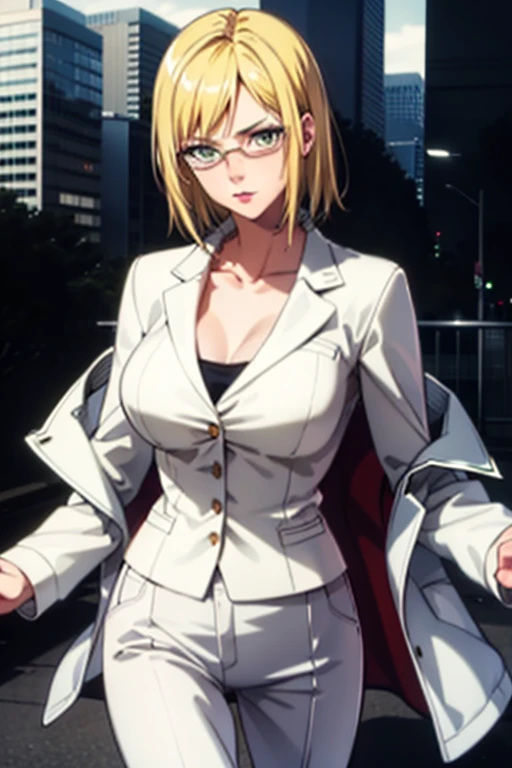 (masterpiece, best quality, ultra-detailed), 1girl, MichelleKD, blonde hair, green eyes, white glasses, looking at viewer, standing, city, white shirt, black jacket, black pants