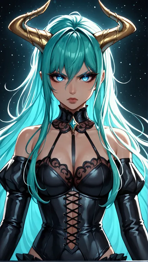 lum, 1girl, long hair, horns, (two-tone hair, green hair, aqua hair:1.1), bangs, blue eyes, eyeshadow, solo, thick lineart, diam...