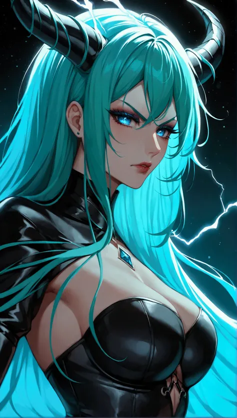 lum, 1girl, long hair, horns, (two-tone hair, green hair, aqua hair:1.1), bangs, blue eyes, eyeshadow, solo, thick lineart, diam...