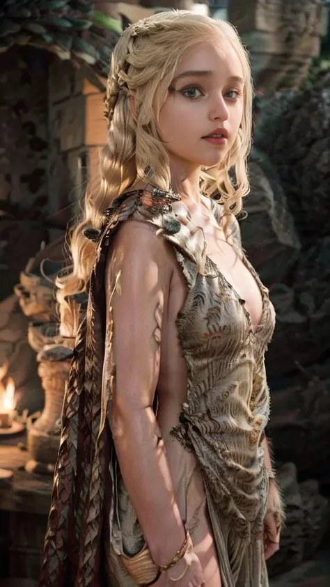 daenerys targaryen, big blonde hair, seducing gaze, pose sexy, hands in hair, (small breasts nafw), small panties, sorriso sexy,...