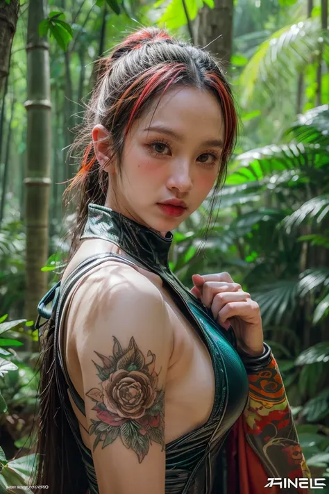 bamboo forest background，A look of determination，colorful vivid octane render, cybernetic and highly detailed, loba andrade from apex legends, created in unreal engine 5, made in unreal engine 5, trending on unreal engine 5, Antique portraits, Martial arts...