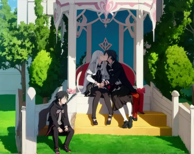 anime, kids, kids cute, couple kissing in the sky with birds flying overhead, kissing together cutely, romanticism lain, shoujo romance, sakimi chan, lovely kiss, kissing together, anime picture, in love, kissing, romantic!!!, anime, re:zero, echidna, suba...