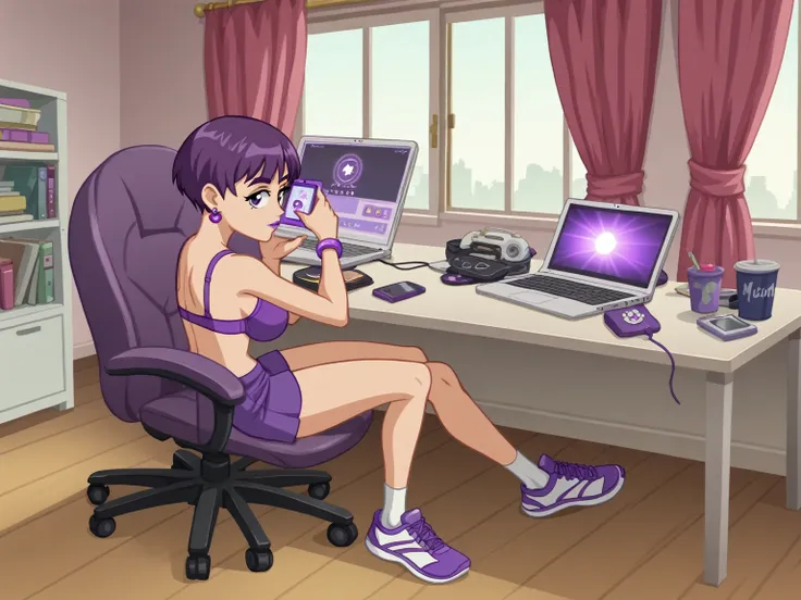 score_8_up, score_7_up, break, screencap, 1girl, solo, purple hair, female, teenage, short hair, purple eyes, purple eyelids, pu...