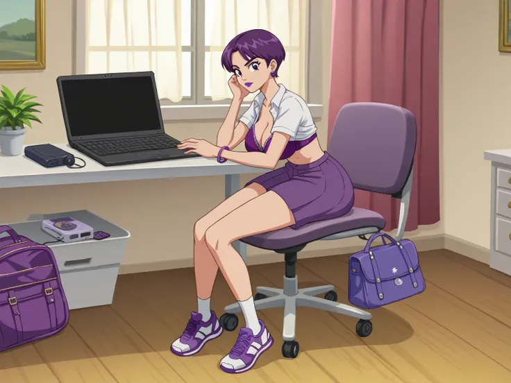 score_8_up, score_7_up, break, screencap, 1girl, solo, purple hair, female, teenage, short hair, purple eyes, purple eyelids, pu...