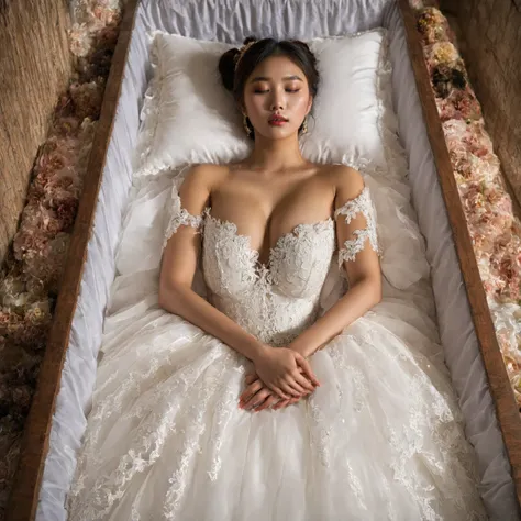 A provocative and sensual image unfolds before us. Two Korean girls, 22 years old, lie asleep in a deep, black coffin surrounded by plush pillows. They wear see-through wedding dresses with lace details, off-shoulder designs, sleeve, deep V-neckline and hu...