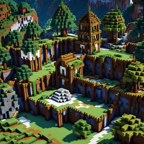 minecraft square style, cg, computer graphics, forest, montaña y un castillo en el fondo a lo lejos