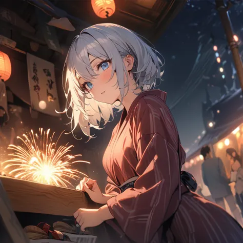 One girl、(((最high quality)), ((masterpiece)), (detailed), masterpiece, 最high quality, high quality, 超detailed, Perfect Face, ((One girl, blue eyes,  Silver Bob Hair,))、Shiny Hair、Glowing Skin、yukata、Sandals、Small Breast Summer、port、stall、firework