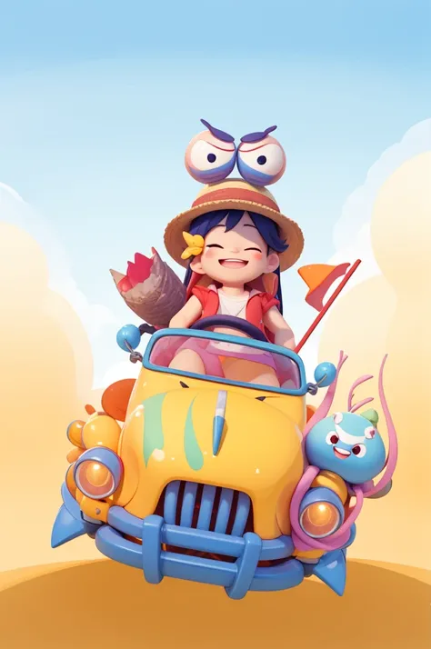 sticker，一只带着straw hat的snails开着小汽车，snails，One Piece Luffy，straw hat，Detailed background，Grinning，Two eyes on the top of the head，Two eyeballs，Biting a branch，lol，露齿lol，With a branch in his mouth，Red vest，红色和的straw hat，red flag，一只Lovelyq版的野猪，ground，Sky，Cloud...