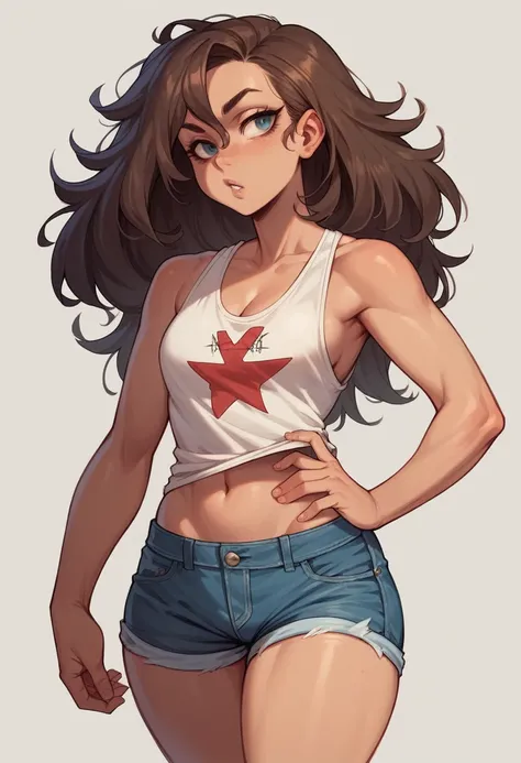 （realisitic， high resolution：1.3）， 1 girl with a perfect body， super fine face and eyes，longye hair， Random color tank top：1.2， short jeans， large breasted，Expose cleavage