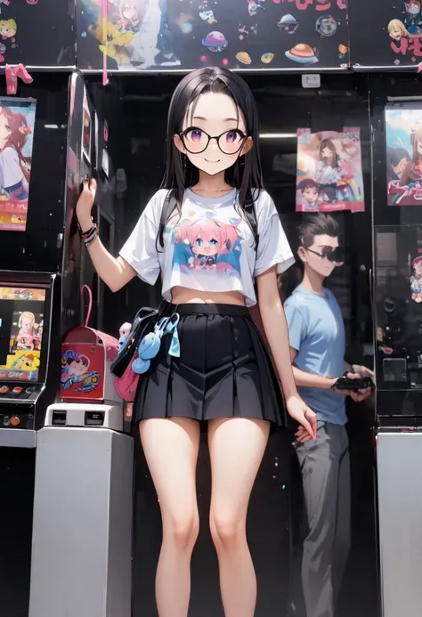 bellybutton、crop top look、Chibi T-shirt、Fashionable glasses、Pantieini skirt、Panty shot、arcade、game machine、Game bench、UFO Catcher、Purikura、Date、forehead、Girl、Girl、Short、Younger、Lower school year、Baby Face、flat chest、smile、Dynamic Angle、masterpiece、best qua...