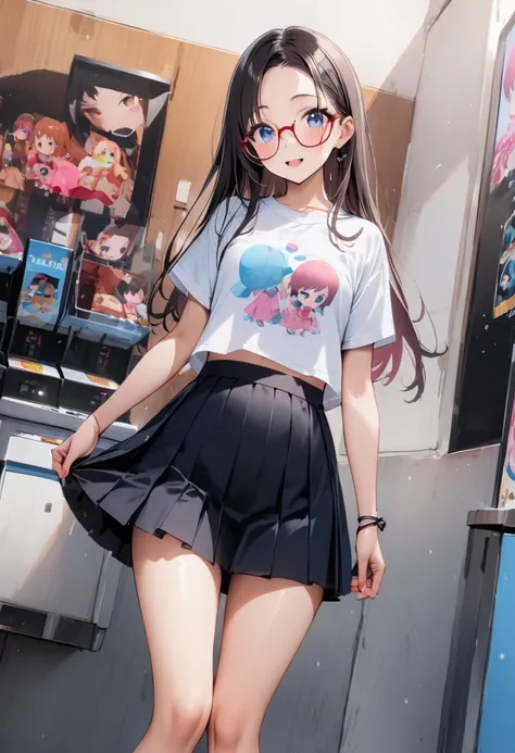 bellybutton、crop top look、Chibi T-shirt、Fashionable glasses、Pantieini skirt、Panty shot、arcade、game machine、Game bench、UFO Catcher、Purikura、Date、forehead、Girl、Girl、Short、Younger、Lower school year、Baby Face、flat chest、smile、Dynamic Angle、masterpiece、best qua...