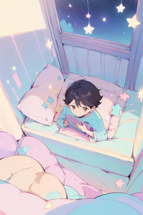 2 boys,((2 boys sitting on bed)), black hair,reading a book, bedroom, cute room,((pastel colors)),kawaiitech,cute colors,kawaii,...