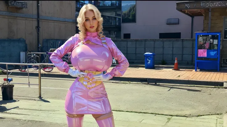 schwizerland woman, blonde curly hair, pink latex outfit,pink latex  bodysuit,whitte gloves, blue eyes, big breast, (((masterpiece))), ((best quality)), (extremely detailed), hdr