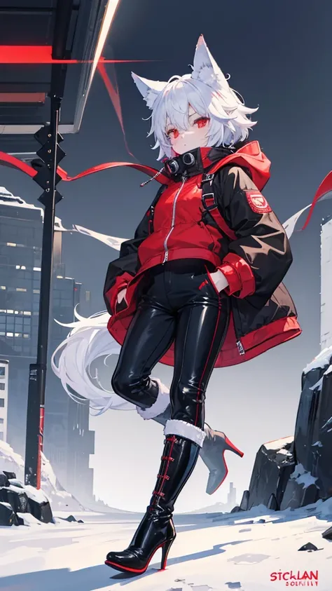 Winter city,whole body,shortness of breath,Beastman,shota,Wolf,headphone,Long Parka,pants,Knee-high boots,Stiletto heels with red soles,Running