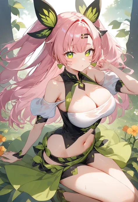 An anime girl，Pink long hair，Green eyes，Immortal Cultivation，chest，thigh，Fairy