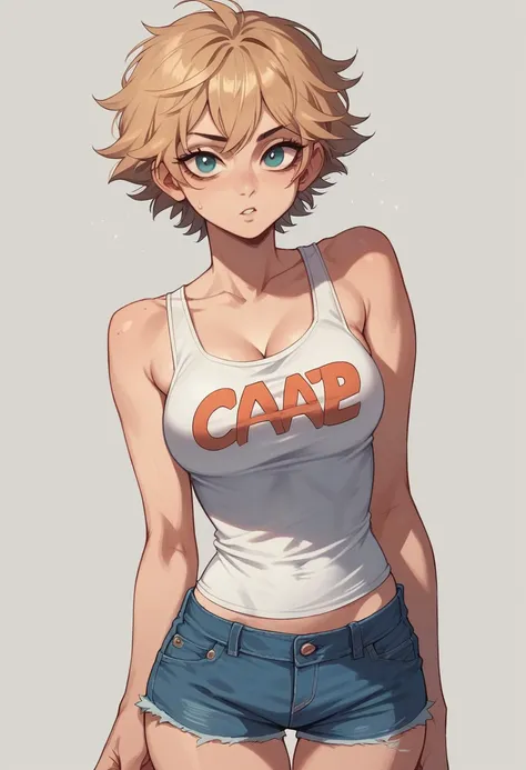 （realisitic， high resolution：1.3）， 1 girl with a perfect body， super fine face and eyes，longye hair， Random color tank top：1.2， short jeans， large breasted，Expose cleavage