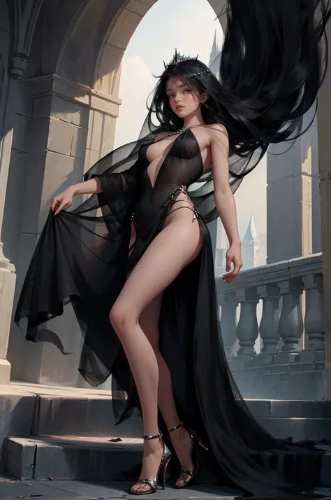 ((aeolian)), 1 girl, beautiful face, ((young)) Princess, (wearing a torn and ripped black dress), very long black hair, no underwear, slim body, long legs, shiny skin, fantasy castle landscape, high heels