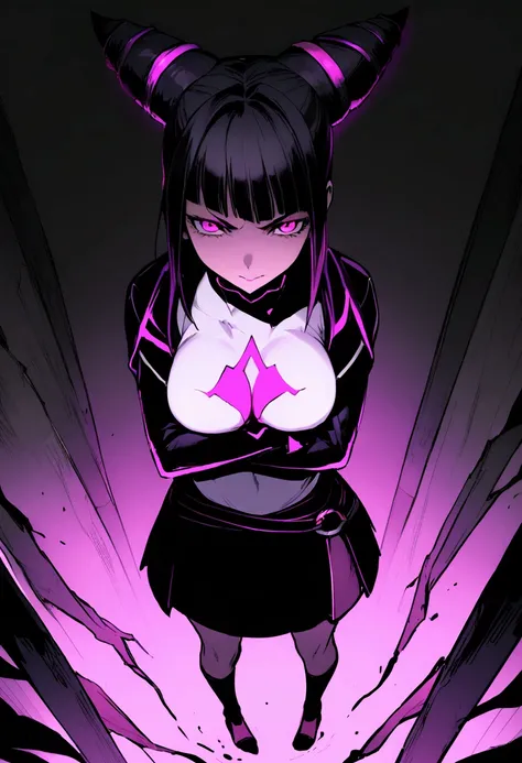 juri han, view from above,staring overhead,1 girl ,standing alone,staring overhead,tight white turtleneck sweatshirt,black socks,standing,arms crossed,room,plant,glowing purple eyes,black short skirt,black glove,large bosom,low lighting,ombre,glowing purpl...