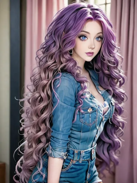 a close up of a woman with a purple hair and piercings, messy curly pastel hair, lilac hair, lavender hair, long light purple ha...