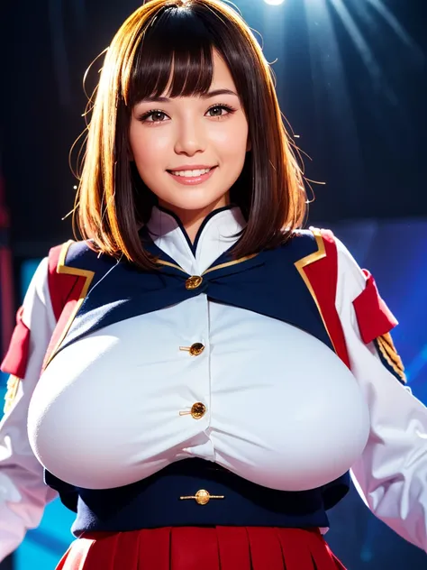 (beautiful white girl with gigantic breasts:1.4),(beautiful body:1.2),(red idle uniform:1.5) (smile:1.2),(bangs:1.3),(medium hai...