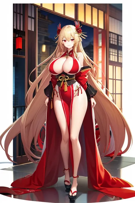 a woman，long blond hair，red eyes，kimono，bikini，long legs，nipple protrusion，twenties，exposed，huge breasts，超级huge breasts，clogs，st...