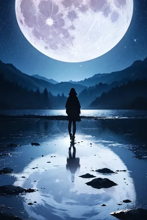 Highest quality,Big moon and shadow,A silhouette of a person can be seen against the backdrop of a large moon.,There is one full moon,There is a mood,Beautiful scenery,Starry Sky