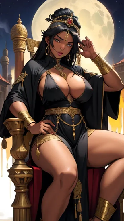 Ebony, queen, big breasts, Fat, warrior, -undress, Sitting on the throne, goddess,
 ANTIQUITY, full height, NSFW, NIGHT