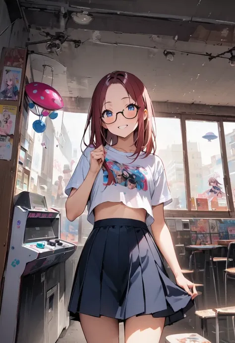 underboob、bellybutton、crop top look、Chibi T-shirt、Fashionable glasses、Pantieini skirt、Panty shot、arcade、game machine、Game bench、UFO Catcher、Purikura、Date、forehead、Girl、Girl、Short、Younger、Lower school year、Baby Face、flat chest、smile、Dynamic Angle、masterpiec...