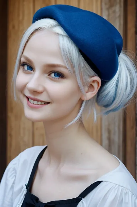 Face of a beautiful albino girl with Pixie hairstyle and with big blue eyes and with a smile and with a black beret on her head 