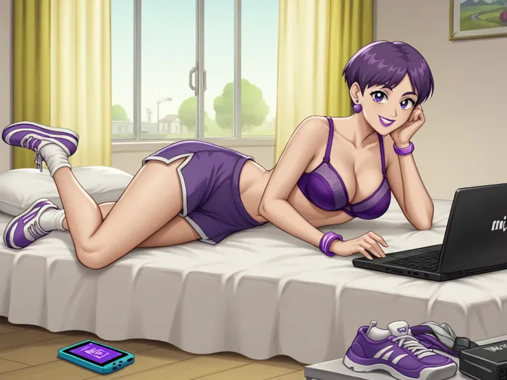 score_8_up, score_7_up, break, screencap, 1girl, solo, purple hair, female, teenage, short hair, purple eyes, purple eyelids, pu...