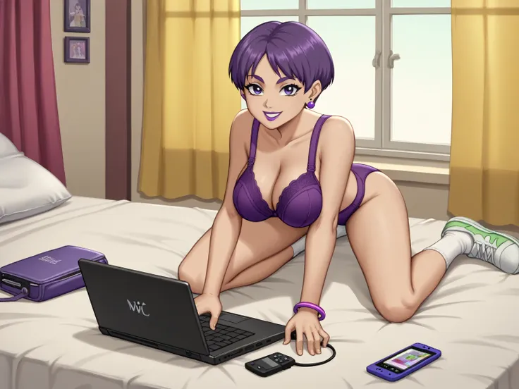 score_8_up, score_7_up, break, screencap, 1girl, solo, purple hair, female, teenage, short hair, purple eyes, purple eyelids, pu...