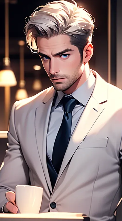 (best quality, masterpiece, 8K, photorealistic, cinematic lighting, hdr image, ultra detailed, beautiful image), 1 man, 31 years old, mature man, very handsome, (without expression, serious), short white hair, blue eyes ( penetrating gaze), perfect face wi...