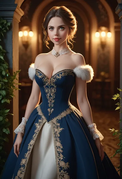 A beautiful aristocratic woman with a large, elegant, hawk-like nose, embodying old-fashioned class. She wears an under-shoulder dress with a hemmed bodice, and the hem of the dress features fluffy animal fur. The woman exudes sophistication and elegance, ...