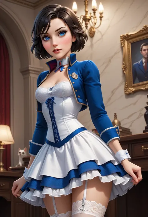 1girl, elizabeth, bioshock infinite, black hair, short hair, blue eyes, royal blue bolero jacket with white cuffs and a built-up...