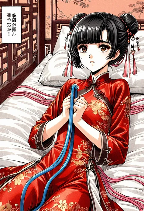 Period drama manga style　A 15-year-old super beautiful Chinese girl with black hair in a bun cut　She is lying on a Chinese-style bed with her arms spread and tied with pink cord, restrained, wearing a royal long-sleeved Chinese dress and red long-sleeved p...