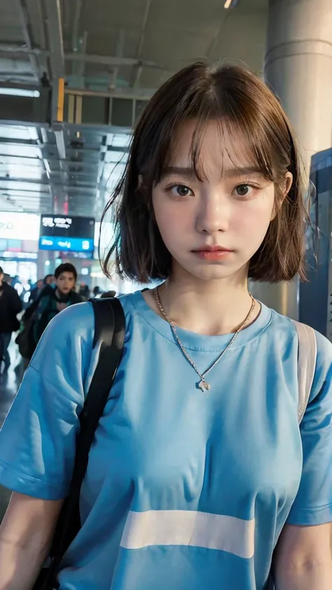 realistic photos of Korean female, crossed bangs, slightly smile, t-shirt, in the airport, pov, Eye-Level Shot, blurry, UHD, masterpiece, highres, 16k  