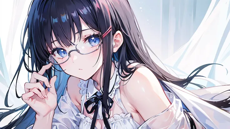 young girl, white negligee, pajama, thin fabric, cute, skin, light blue eyes, black hair, glasses, quiet, girly