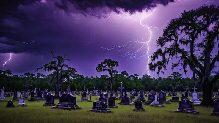 darkest atmosphere, dark purple & black storm clouds during the night, darkness, lightning, old creepy graveyard with cemetery gates, bald cypress trees & marshes, Louisiana swamp, scary, background