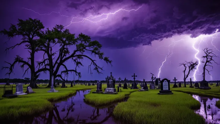 darkest atmosphere, dark purple & black storm clouds during the night, darkness, lightning, old creepy graveyard with cemetery gates, bald cypress trees & marshes, Louisiana swamp, scary, background