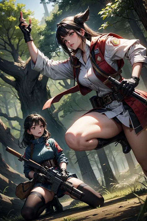 a KOREAN brave girl fight with  forestry monsters with guns and swords
forest which is full of creatures
Extra high quality