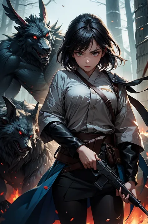 a KOREAN brave girl fight with  forestry monsters with guns and swords
forest which is full of creatures
Extra high quality