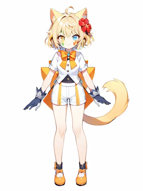 1girl,  animal ears, blonde hair, blue eyes, bow, bowtie,, closed mouth, facial mark, fang, flower, full body, gloves, green eyes, hair flower, hair ornament, heterochromia, orange bow, short hair, solo, standing, tail, , white background, yellow eyes,ches...