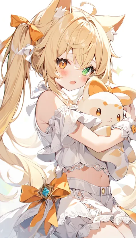 the fox girl,1girl, animal ears, bangs, bare shoulders, blonde hair, blush, bow, breasts, white cleavage, cropped torso, , green...