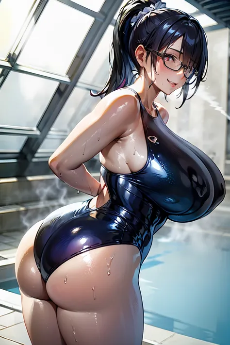 extremely detailed CG, super detailed skin, perfect anatomy, dynamic lighting, beautiful detailed eyes, (Photorealistic:1.4), Japanese Girls, (1 Girl), (milf :1.6),  Black Hair, Long Hair, ponytail, Beautiful Eyes, Wide double eyelids, smile, (Huge breasts...