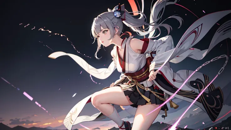 One girl, kimono, ponytail ,Gray Hair, Grey Eyes, wallpaper, landscape, Depth of written boundary, night, Particles of light, light, Side Lighting, Thighs, destiny (series), Genshin Impact, Open jacket, skirt, Knee socks, cloud, Shinsengumi,