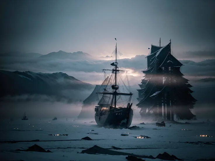 Render a ghostly ship sailing through thick fog, with its eerie silhouette and tattered sails hauntingly visible, surrounded by the surrounded by the full of snow-covered trees in the arctic mountains, 8k, full vivid color, hyperdetailed